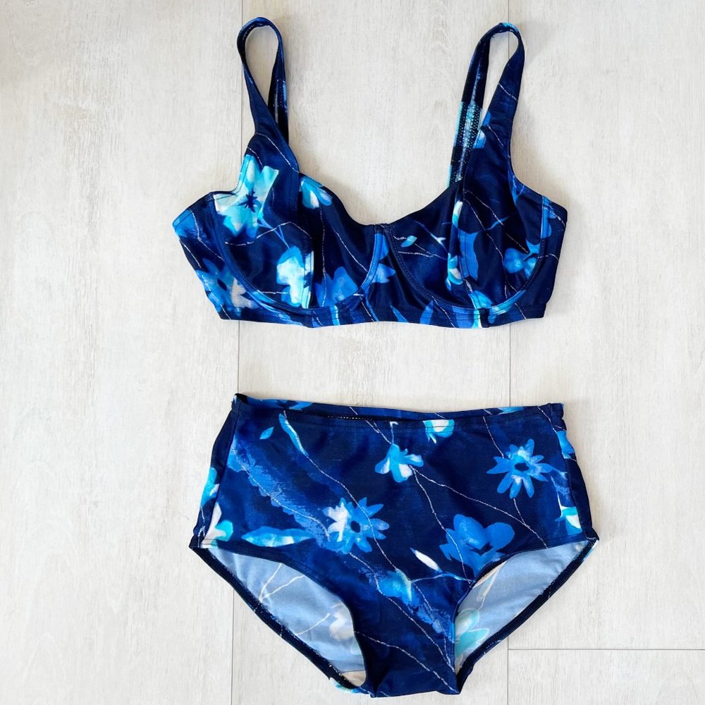 Vintage 90s Blue Ultra High-Waist, 50s Style Full Bottom Bikini - Deadstock
